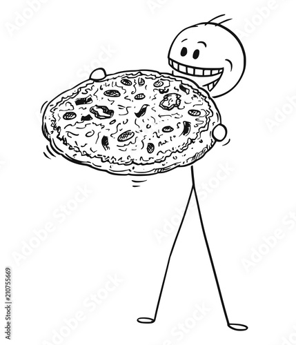 Cartoon stick drawing conceptual illustration of man eating big pizza.