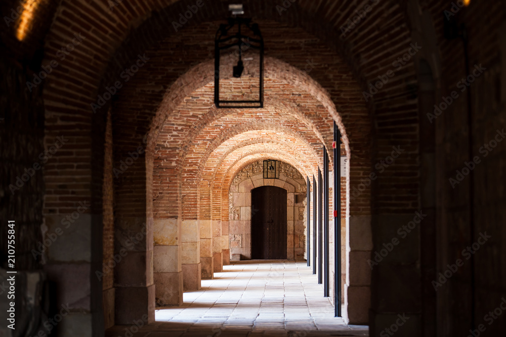 Archs corridor at Montjuic Castle in Barcelona Spain