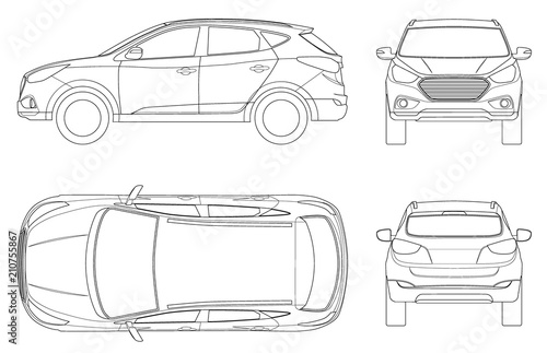 Car vector template on white background. Compact crossover, CUV, 5-door station wagon on outline. Template vector isolated. View front, rear, side, top.
