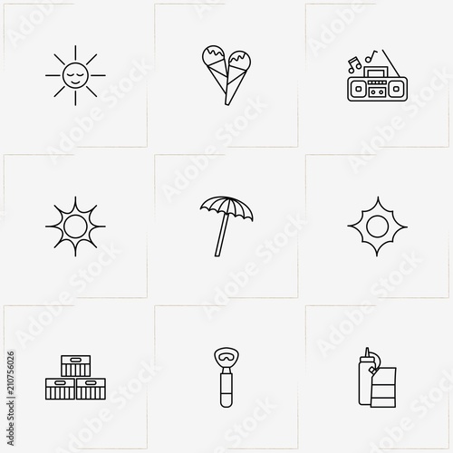 Picnic line icon set with ketchup , sun and ice cream