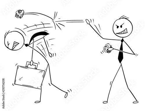 Cartoon stick drawing conceptual illustration of businessman throwing paper balls on another man. Business concept of competition.