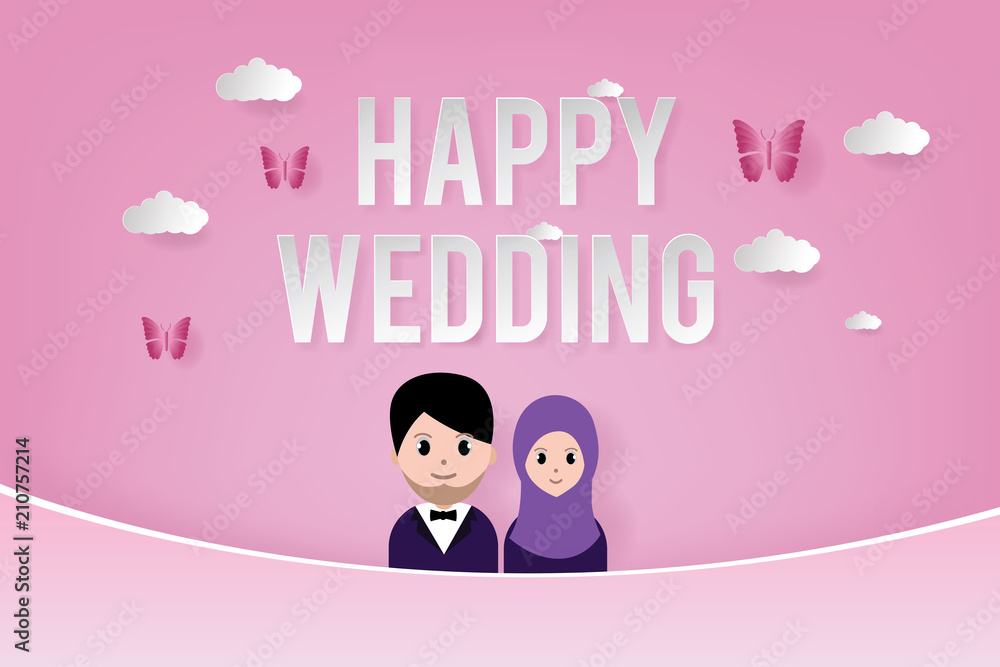 Wedding invitation, wedding card. Wedding invitation template with muslim avatar cartoon, cloud and heart shape origami. Paper art and craft style. Wedding invitation, wedding card. Wedding invitation template with muslim avatar cartoon, cloud and heart shape origami. Paper art and craft style.