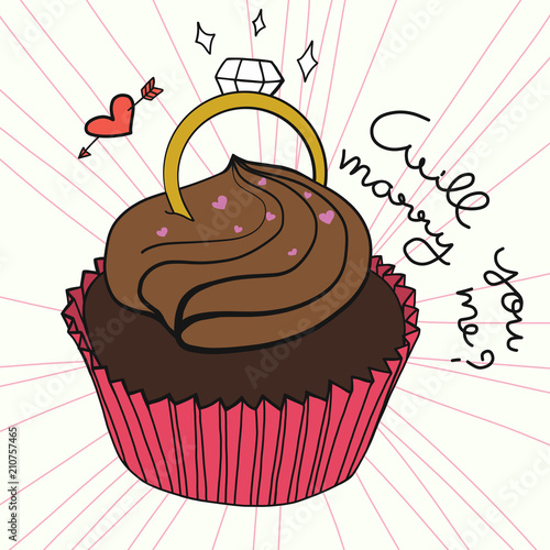 Will you marry me cup cake and ring cartoon vector illustration