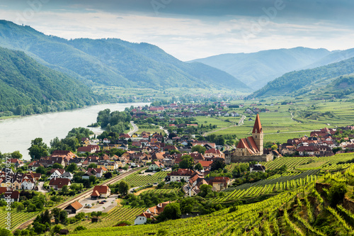 Photography Scenic View into the Wachau with the river Danube and town Weissenkirchen in Lower Austria