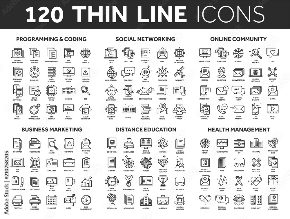 Programming,coding. Data management. Social network, computing. Information. Internet connection. Business marketing. School and education. Medicine. Thin line black icons set. Stroke.