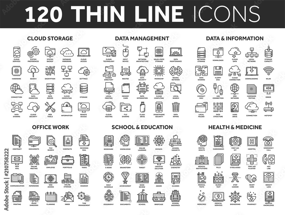 Cloud storage. Data management. Computing. Information. Internet connection. Office work. School and education. Medicine. Thin line black icons set. Stroke.
