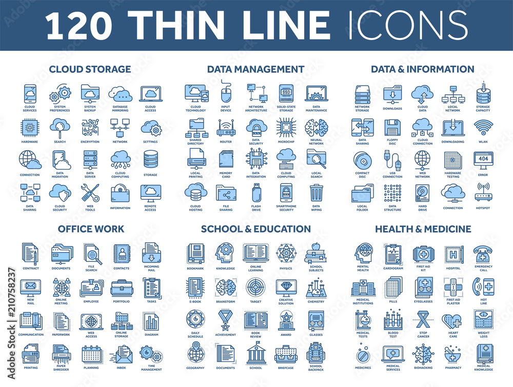 Cloud storage. Data management. Computing. Information. Internet connection. Office work. School and education. Medicine. Thin line blue icons set. Stroke. Cloud storage. Data management. Computing. Information. Internet connection. Office work. School and education. Medicine. Thin line blue icons set. Stroke.