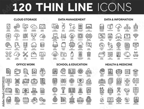 Cloud storage. Data management. Computing. Information. Internet connection. Office work. School and education. Medicine. Thin line black icons set. Stroke.
