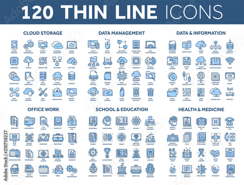 Cloud storage. Data management. Computing. Information. Internet connection. Office work. School and education. Medicine. Thin line blue icons set. Stroke.