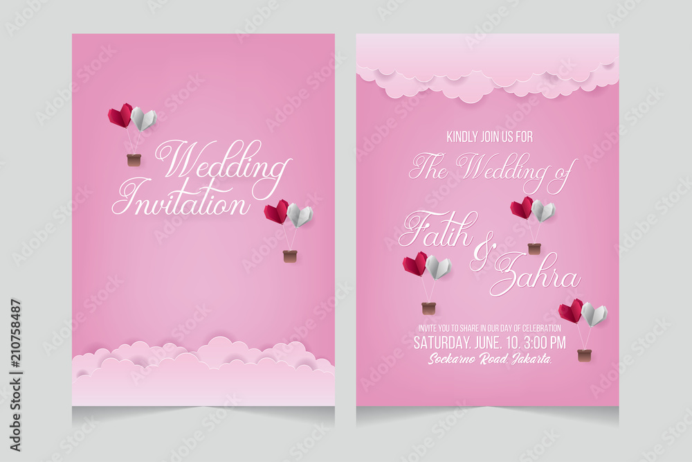 Wedding invitation, wedding card. Wedding invitation template with cloud and heart shape origami. Paper art and craft style.