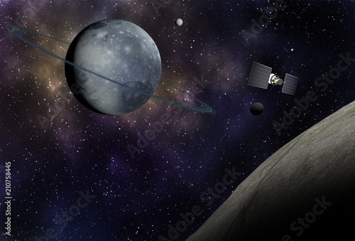 Fototapeta Naklejka Na Ścianę i Meble -  Interstellar spaceship flying to vibrant outer space with stars, nebula and planets.