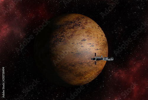 Fototapeta Naklejka Na Ścianę i Meble -  Interstellar spaceship flying near unknown brown planet in outer space with stars and nebulas.