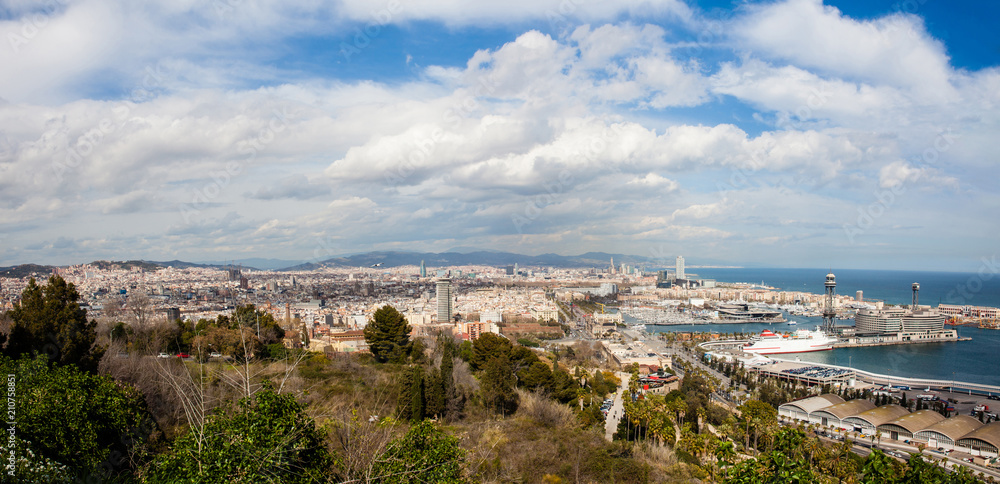Panorama of Barcelona harbour and city seen from Montjuic viewpoint