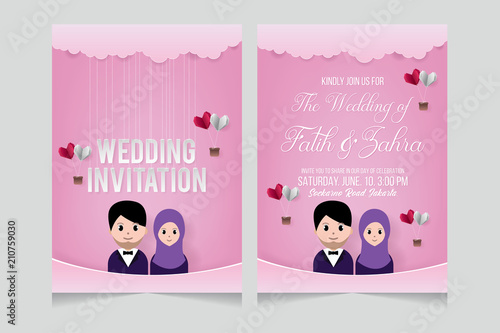 Wedding invitation, wedding card. Wedding invitation template with muslim avatar cartoon, cloud and heart shape origami. Paper art and craft style.
