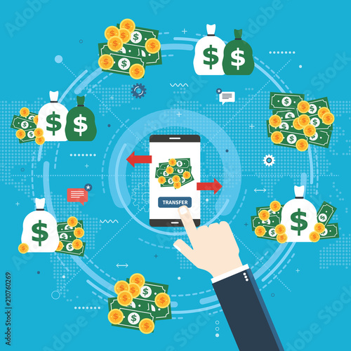 Banking transfer, transaction financial and money. Businessman hand clicking on transfer button in smartphone bank app.Transferring money to various accounts. Flat design vector illustration. 