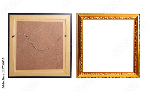 Golden blank photo frame isolated on white background, include clipping path