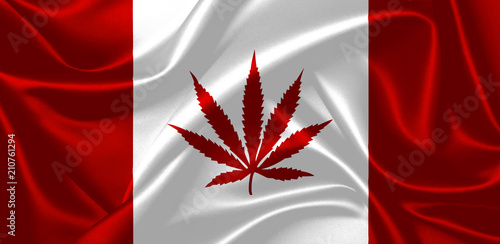Illustration of marijuana leaf in a Canadian waving flag. Celebrating 2018 legalization.