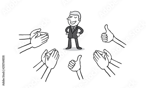 businessman with many Hands clapping ovation and thumps up on white background. applaud hands. isolated vector illustration outline hand drawn doodle line art cartoon design character.