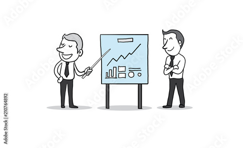 Businessman with presentation chart board. conference, training, planning, learning, coaching, presentation concept. isolated vector illustration hand drawn doodle cartoon design character
