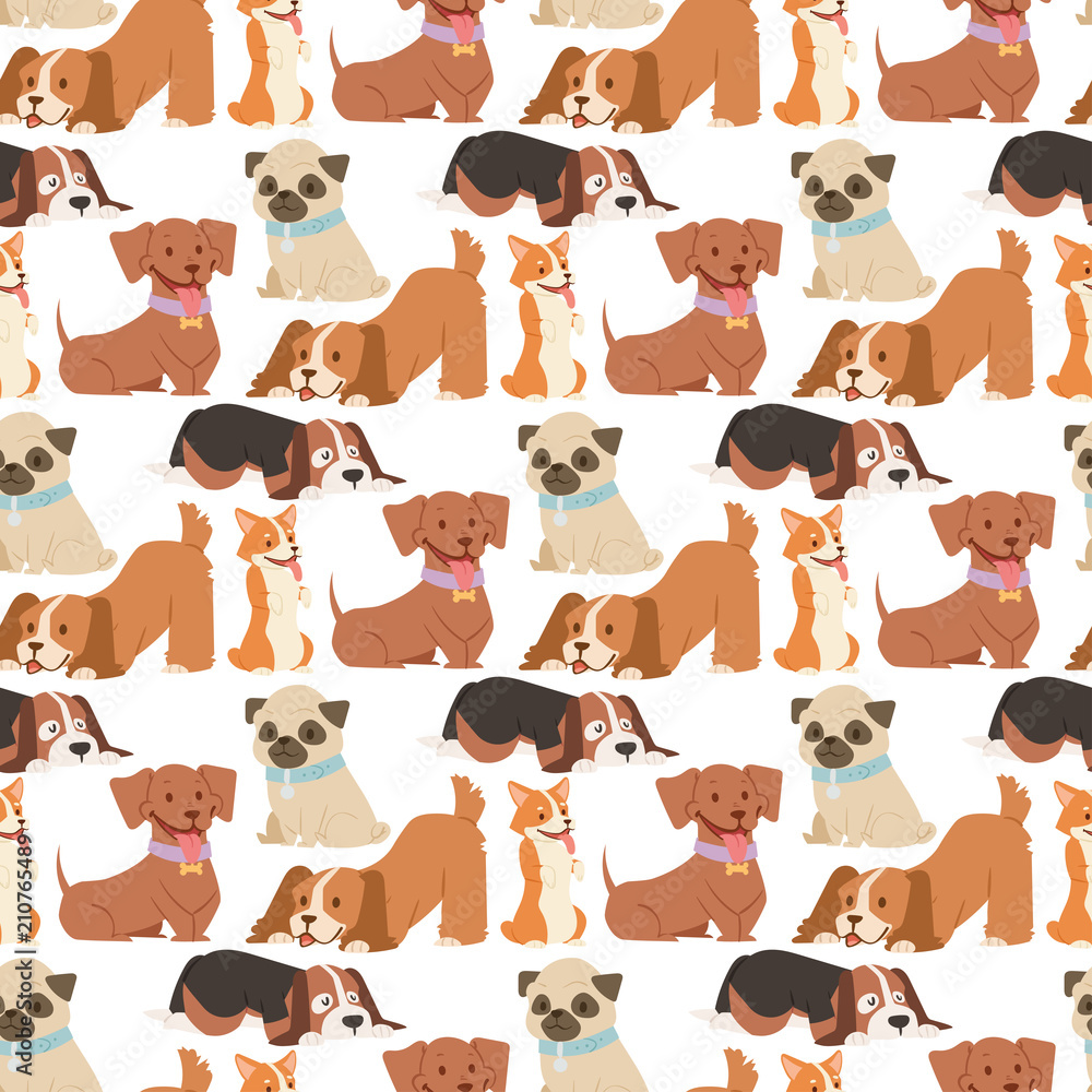 Puppy cute playing dogs characters funny purebred comic happy mammal doggy breed seamless pattern background vector illustration.