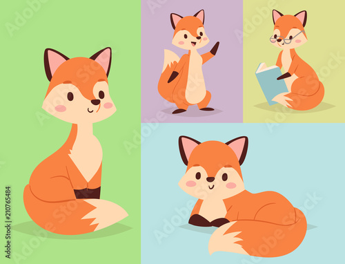 Fox character doing different foxy activities funny happy nature red tail and wildlife orange forest animal style graphic vector illustration.