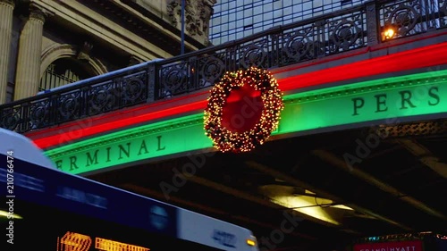 New York-December 28, 2017: Video Of Pershing Square Bridge In Front Of Grand Central On 42nd Street Both Decorated For Christmas photo