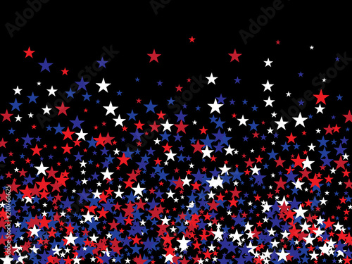 Patriotic 4th of July, Independence Day of America Stars Confetti. Flying Stars Texture, US Blue, Red, White Confetti Banner. USA Independence Day, 4th of July, National Symbols Banner Background.