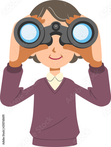 双眼鏡を覗く女性　シニア
