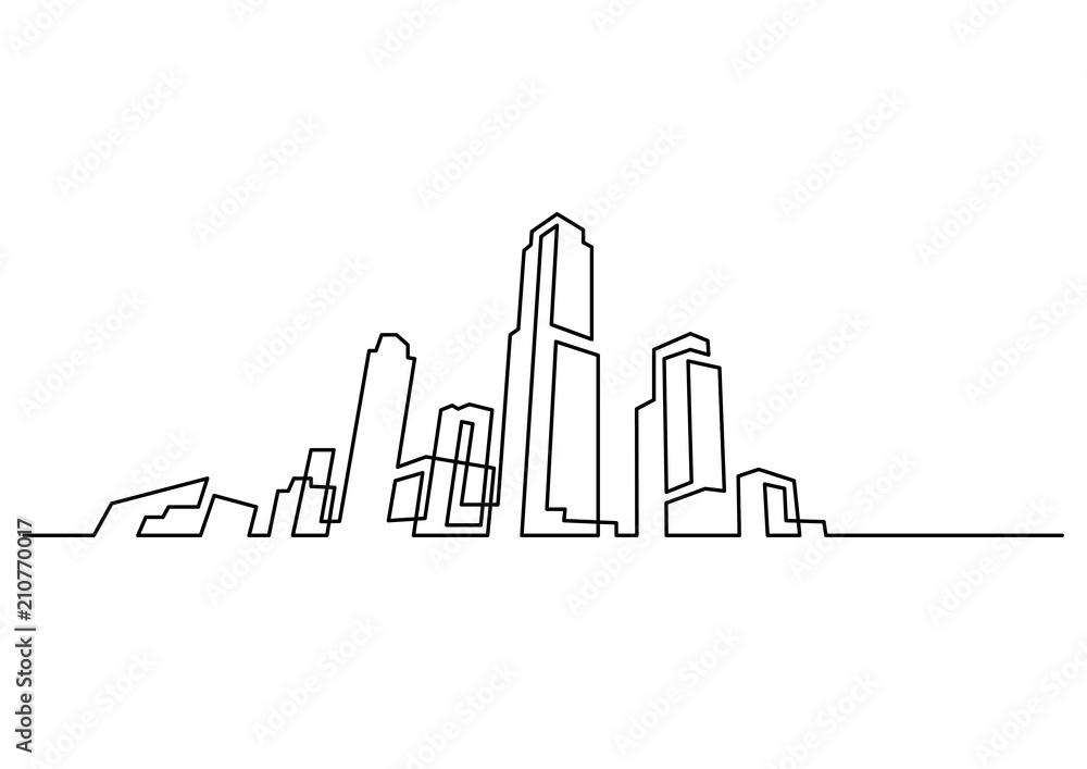 continuous line drawing of modern city skyline