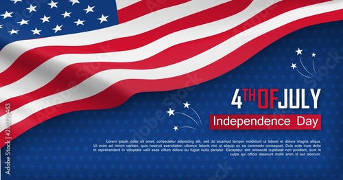 Fourth of July felicitation greeting card. Independence day celebration banner. USA country national event. Waving american flag on blue background. United States of America federal patriotic holiday