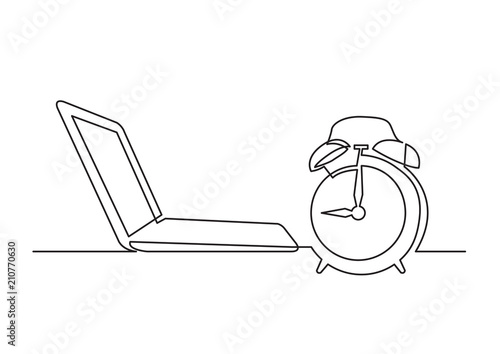 continuous line drawing of laptop computer and alarm clock