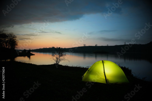 Illuminated Tent By The Biviere Lake At The twilight, Sicily