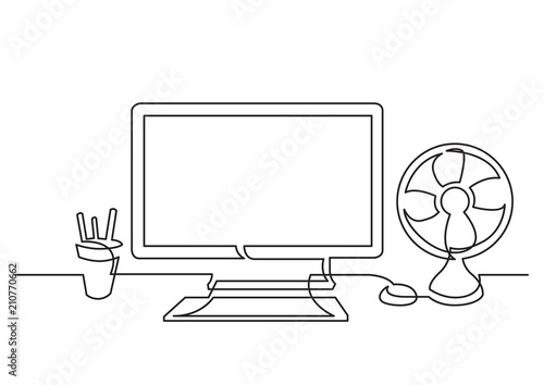 continuous line drawing of work desk with computer and cooling fan