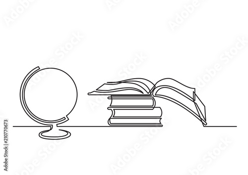continuous line drawing of work desk with globe and books