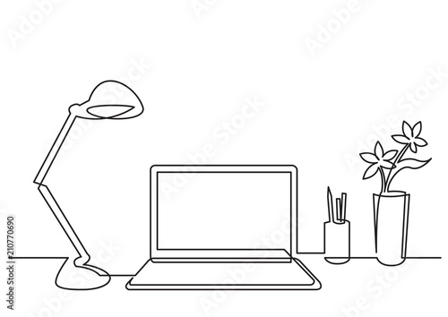 continuous line drawing of work desk with computer lamp and flower