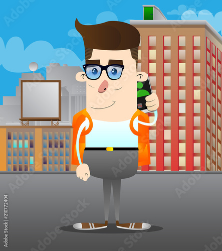 Schoolboy talking on cell phone. Vector cartoon character illustration.