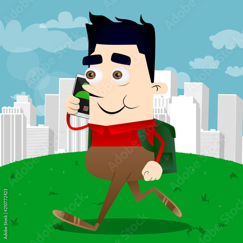 Schoolboy talking on cell phone. Vector cartoon character illustration.