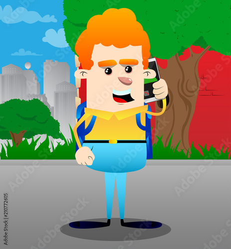 Schoolboy talking on cell phone. Vector cartoon character illustration.