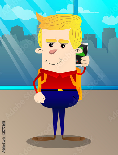 Schoolboy talking on cell phone. Vector cartoon character illustration.