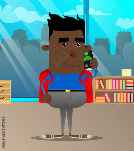Schoolboy talking on cell phone. Vector cartoon character illustration.