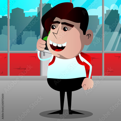 Schoolboy talking on cell phone. Vector cartoon character illustration.
