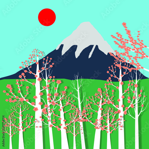 Fuji Mountain, Cherry Blossom And Sun 