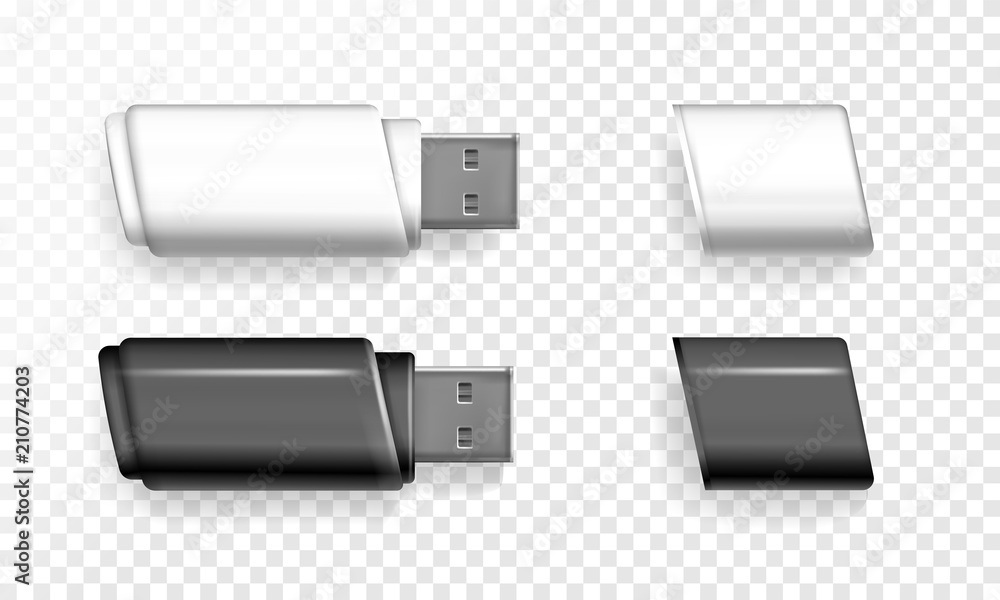 USB flash drive vector illustration of 3D realistic memory stick. Mockup  model of portable data storage with white and black caps isolated on  transparent background with shadow Stock Vector | Adobe Stock