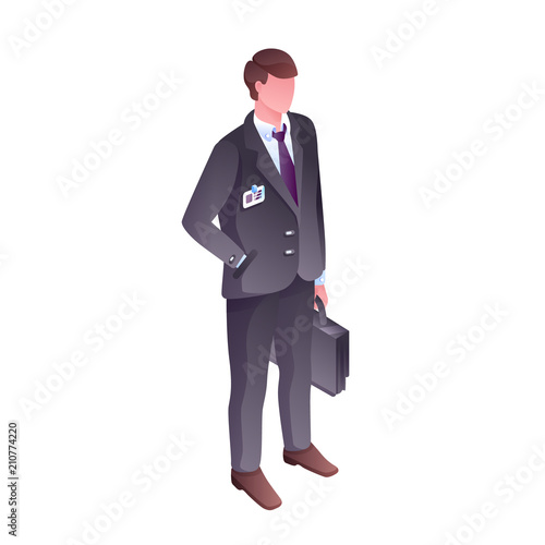 Businessman or office manager vector illustration. Isolated faceless boss man or salesman in business suit, tie and bag, name or access badge and hand in pocket for isometric flat design element