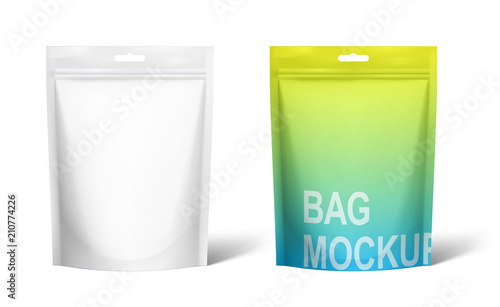 Set of realistic doy pack with mock up isolated on white background. Vector illustration. Front view. Can be use for template your design, presentation, promo, ad. EPS 10.
