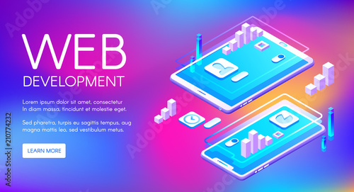 Web development vector illustration of computer and smartphone application software. Digital technology of programming and internet infographic charts on purple ultraviolet background