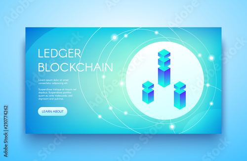 Ledger blockchain vector illustration for cryptocurrency or ICO and API technology. Digital communication server for bit coin crypto currency mining farm and platform on blue background