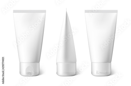 White realistic glossy cosmetic tubes isolated on white background. Can be used for cosmetic, medical, gels, creams, shampoo and pastes. Face, side and back view. Vector illustration. EPS10.