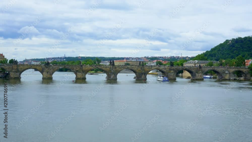Wide view of Charles Bridge in Prague, Czech Republic over the Vltava River Wide view of Charles Bridge in Prague, Czech Republic over the Vltava River