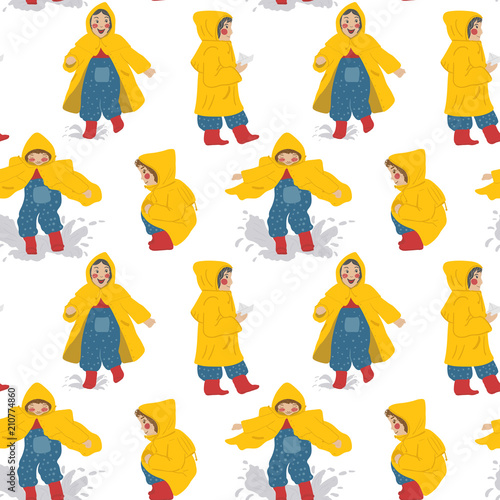 girl in a raincoat pattern. girl playing with puddles, holding a boat, running